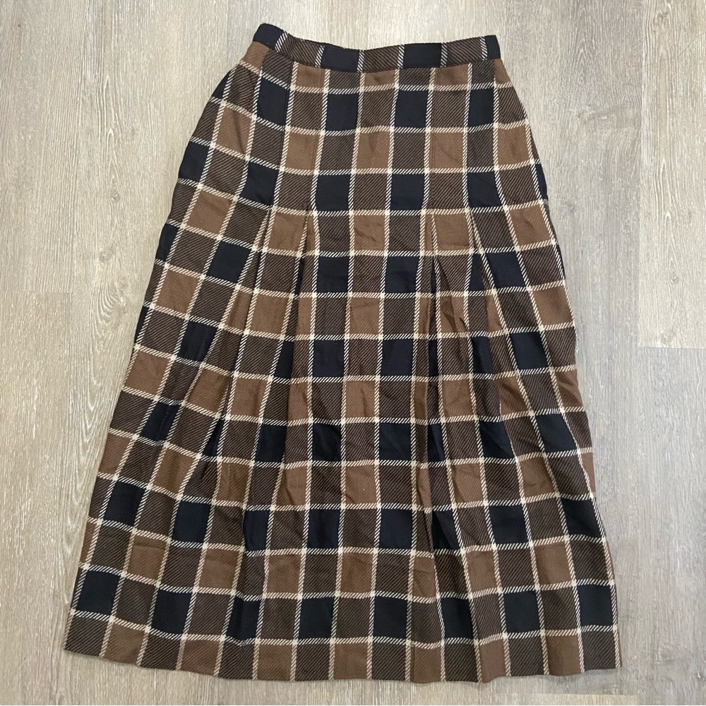Wool Plaid Midi Skirt Brown